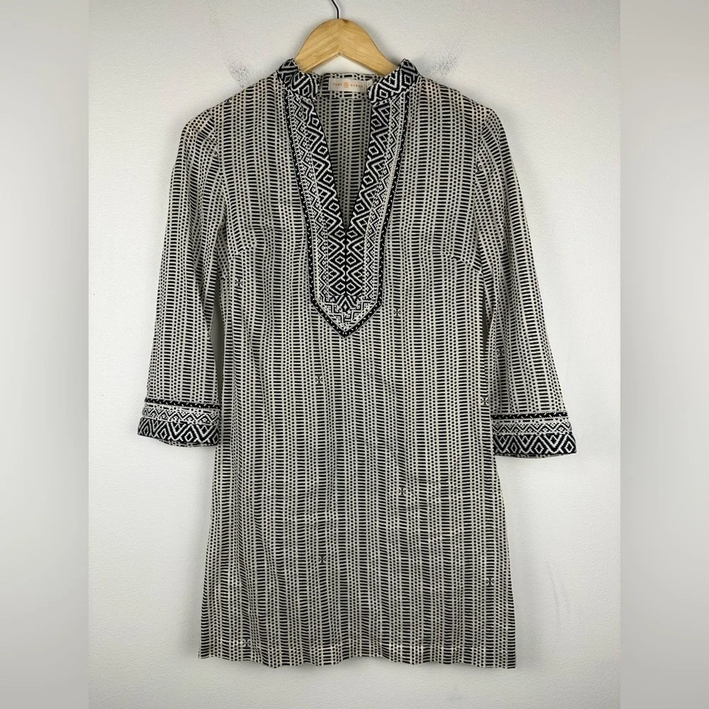 TORY‎ BURCH Corossol Black White Cotton V-Neck Mini Dress Coverup Sz 0